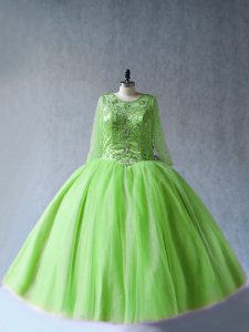  Beading 15 Quinceanera Dress Yellow Green Lace Up Long Sleeves Floor Length