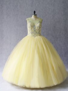 Pretty Tulle Scoop Sleeveless Lace Up Beading Vestidos de Quinceanera in Light Yellow