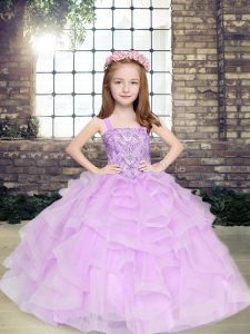 Dramatic Lavender Lace Up Little Girls Pageant Dress Beading and Ruffles Sleeveless Floor Length
