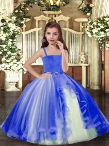 Pretty Blue Ball Gowns Tulle Straps Sleeveless Beading Floor Length Lace Up Little Girls Pageant Gowns