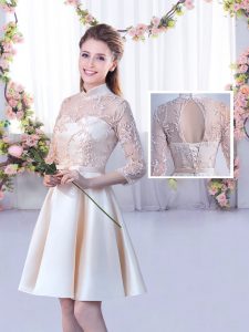 Charming Champagne A-line Satin High-neck Half Sleeves Lace and Belt Mini Length Lace Up Court Dresses for Sweet 16