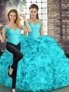  Aqua Blue Two Pieces Off The Shoulder Sleeveless Organza Floor Length Lace Up Beading and Ruffles 15th Birthday Dress