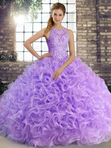  Scoop Sleeveless Quinceanera Dresses Floor Length Beading Lavender Fabric With Rolling Flowers