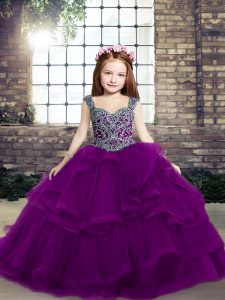  Sleeveless Floor Length Beading Lace Up Girls Pageant Dresses with Purple