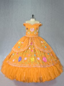 Lovely Sleeveless Floor Length Embroidery Lace Up Sweet 16 Dress with Gold