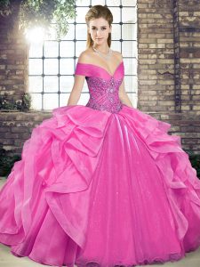  Sleeveless Floor Length Beading and Ruffles Lace Up Vestidos de Quinceanera with Rose Pink 