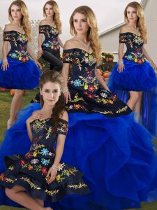 Dazzling Sleeveless Tulle Floor Length Lace Up 15th Birthday Dress in Royal Blue with Embroidery and Ruffles