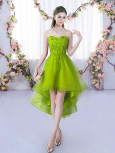 Custom Designed Olive Green Tulle Lace Up Court Dresses for Sweet 16 Sleeveless High Low Lace