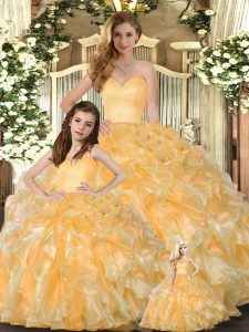  Gold Sleeveless Organza Lace Up Vestidos de Quinceanera for Military Ball and Sweet 16 and Quinceanera
