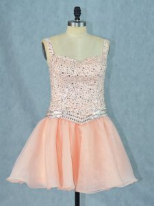  Organza Straps Sleeveless Lace Up Beading Prom Dress in Peach