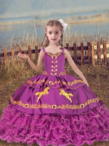 Stunning Floor Length Fuchsia Little Girl Pageant Dress Organza Sleeveless Beading and Embroidery and Ruffled Layers