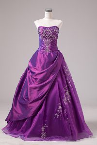 Fantastic Purple Organza Zipper Strapless Sleeveless Floor Length Quinceanera Gown Embroidery