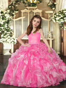  Rose Pink Sleeveless Organza Lace Up Little Girl Pageant Dress for Party and Sweet 16 and Wedding Party