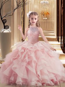  Pink Organza Lace Up Scoop Sleeveless Floor Length Child Pageant Dress Beading and Ruffles