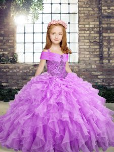 Fancy Lavender Organza Lace Up Kids Pageant Dress Sleeveless Floor Length Beading and Ruffles