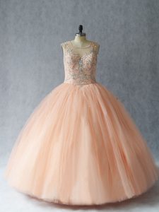 Excellent Beading Sweet 16 Quinceanera Dress Peach Lace Up Sleeveless Floor Length