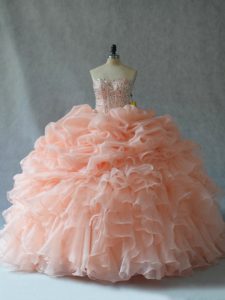 Extravagant Floor Length Peach Sweet 16 Dresses Organza Sleeveless Beading and Ruffles