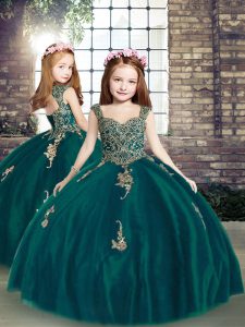  Peacock Green Ball Gowns Tulle Straps Sleeveless Appliques Floor Length Lace Up Pageant Gowns For Girls