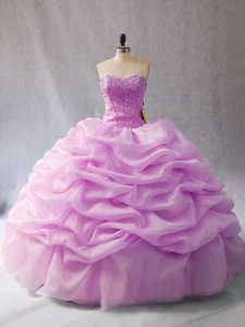  Lilac Ball Gowns Organza Sweetheart Sleeveless Pick Ups Floor Length Lace Up Quince Ball Gowns