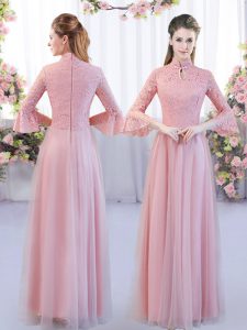 Deluxe Lace Quinceanera Court of Honor Dress Pink Zipper 3 4 Length Sleeve Floor Length