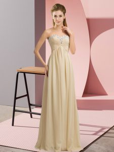 Fashionable Sleeveless Chiffon Floor Length Lace Up Prom Dresses in Champagne with Beading and Ruching