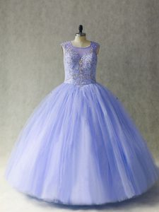Simple Tulle Scoop Sleeveless Lace Up Beading Sweet 16 Dresses in Lavender