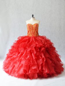Elegant Red Lace Up 15 Quinceanera Dress Beading and Ruffles Sleeveless Floor Length