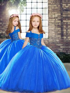 Latest Sleeveless Beading Lace Up Girls Pageant Dresses with Royal Blue Brush Train