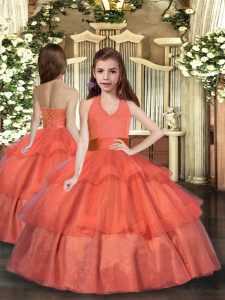 Beauteous Orange Red Lace Up Kids Pageant Dress Ruffled Layers Sleeveless Floor Length