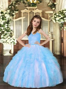 Classical Aqua Blue Tulle Lace Up Straps Sleeveless Floor Length Child Pageant Dress Ruffles
