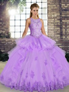 Lavender Tulle Lace Up Ball Gown Prom Dress Sleeveless Floor Length Lace and Embroidery and Ruffles