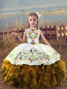 Lovely Brown Ball Gowns Organza Scoop Sleeveless Embroidery and Ruffles Floor Length Lace Up Pageant Gowns For Girls