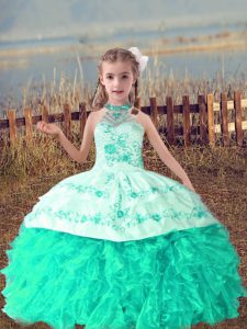  Turquoise Little Girls Pageant Dress Wedding Party with Beading and Embroidery and Ruffles Halter Top Sleeveless Lace Up