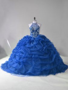  Blue Lace Up Halter Top Beading and Pick Ups Quinceanera Dresses Organza Sleeveless Court Train