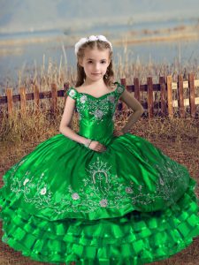  Green Sleeveless Embroidery and Ruffled Layers Floor Length Little Girls Pageant Dress