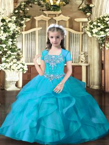  Tulle Straps Sleeveless Lace Up Beading and Ruffles Little Girl Pageant Gowns in Aqua Blue