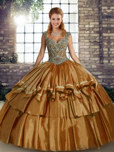 Taffeta Straps Sleeveless Lace Up Beading and Ruffled Layers Sweet 16 Dresses in Brown
