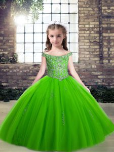  Off The Shoulder Sleeveless Tulle Little Girls Pageant Gowns Beading Lace Up