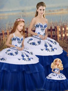 Exquisite Royal Blue Lace Up Quinceanera Gown Embroidery and Bowknot Sleeveless Floor Length