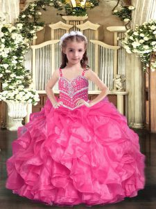 Cheap Hot Pink Organza Lace Up Straps Sleeveless Floor Length Little Girls Pageant Dress Beading and Ruffles