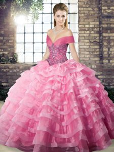 Sexy Sleeveless Organza Brush Train Lace Up Quince Ball Gowns in Rose Pink with Beading and Ruffled Layers