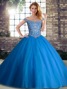 Glorious Blue Tulle Lace Up Quinceanera Gown Sleeveless Brush Train Beading