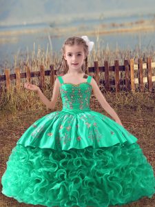  Turquoise Ball Gowns Embroidery Little Girl Pageant Dress Lace Up Fabric With Rolling Flowers Sleeveless