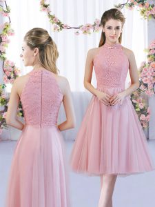 Hot Sale Pink High-neck Neckline Lace Vestidos de Damas Sleeveless Zipper