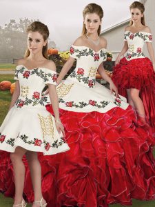 Shining Organza Off The Shoulder Sleeveless Lace Up Embroidery and Ruffles Quince Ball Gowns in White And Red 