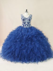 Fancy Navy Blue V-neck Backless Embroidery and Ruffles Sweet 16 Quinceanera Dress Sleeveless