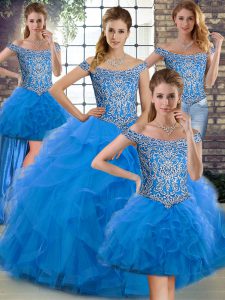 Suitable Blue Sleeveless Beading and Ruffles Lace Up Sweet 16 Quinceanera Dress