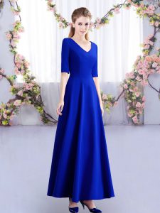 Glamorous V-neck Half Sleeves Quinceanera Court of Honor Dress Ankle Length Ruching Royal Blue Satin