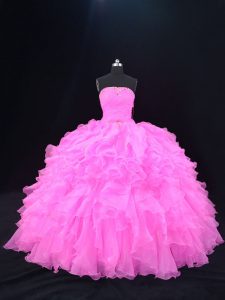 Dramatic Pink and Rose Pink Ball Gowns Beading and Ruffles Sweet 16 Dress Lace Up Organza Sleeveless Floor Length