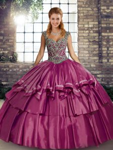  Fuchsia Quince Ball Gowns Military Ball and Sweet 16 and Quinceanera with Beading and Ruffled Layers Straps Sleeveless Lace Up